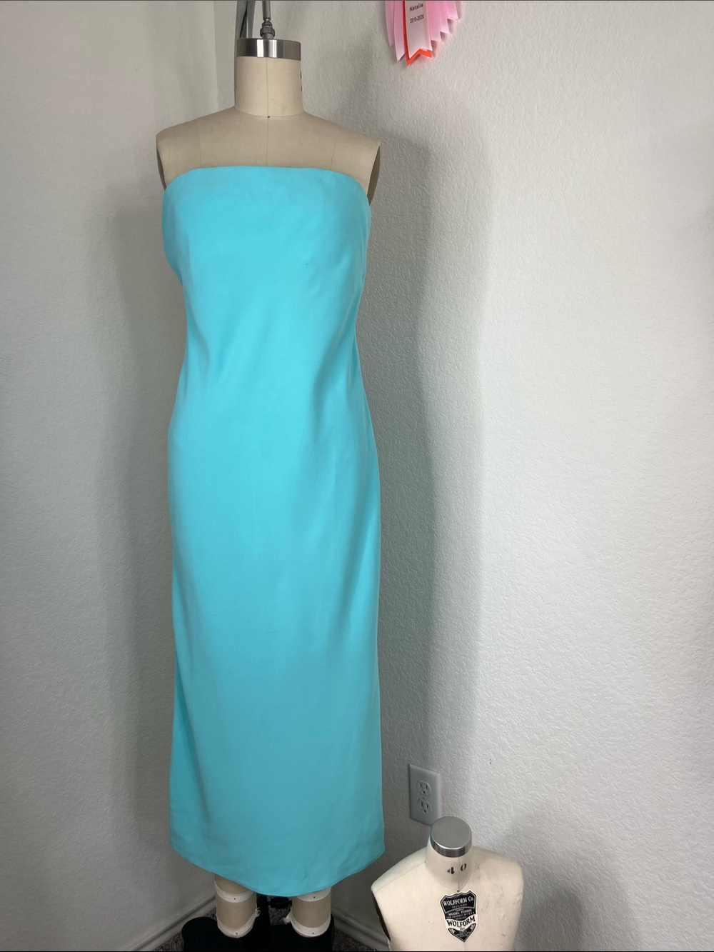 AMANDA UPRICHARD Shiran Dress in Ice Blue Strapless Panel Biased Cut Midi